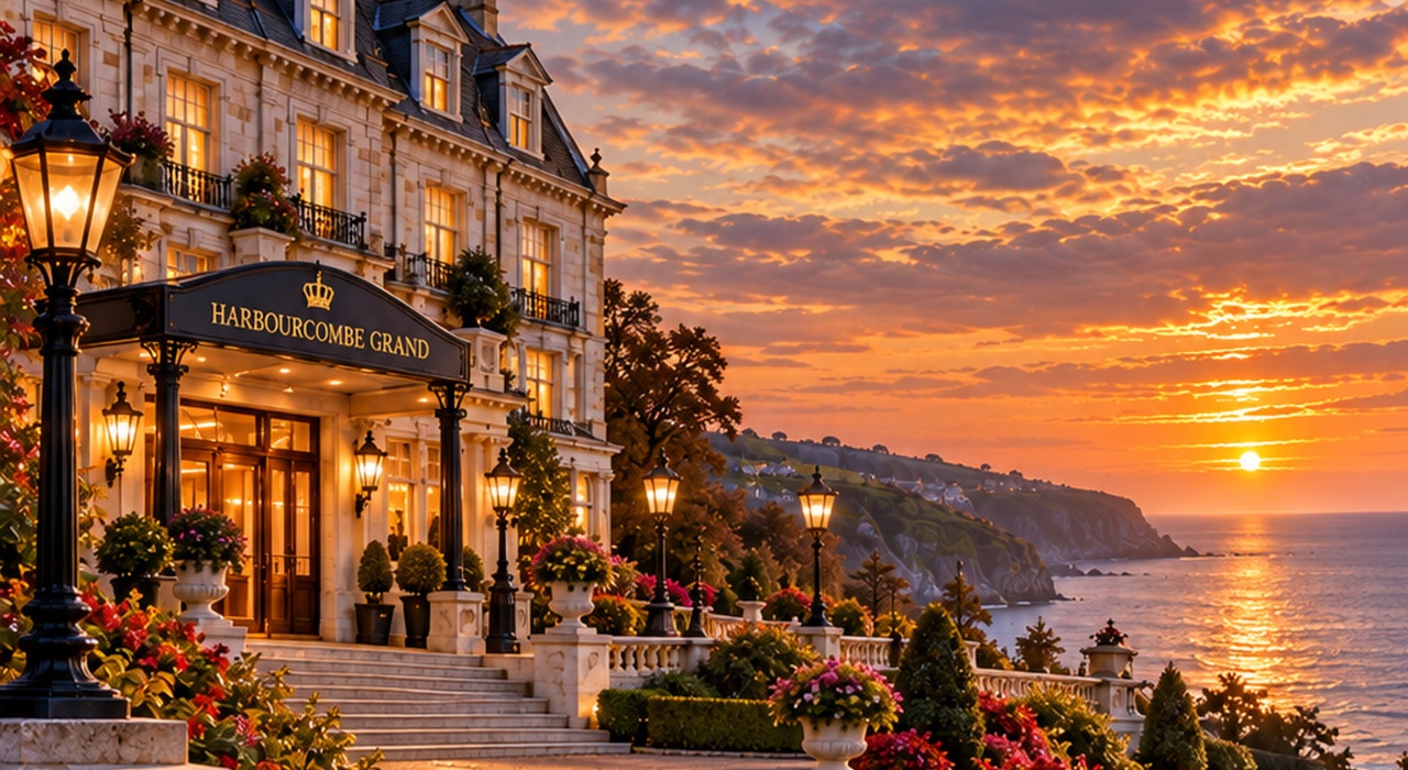 The Harbourcombe Grand overlooking the coast at autumn sunset